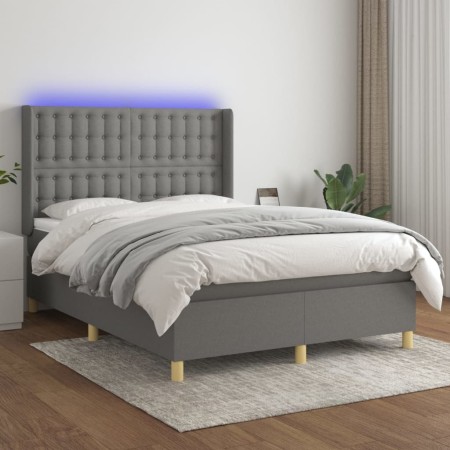 Letto a Molle Materasso e LED Grigio Scuro 140x200cm in Tessuto