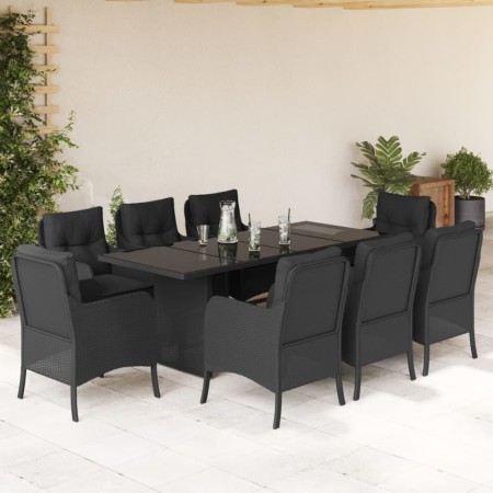 Set da Pranzo da Giardino 9 pz con Cuscini Nero in Polyrattan