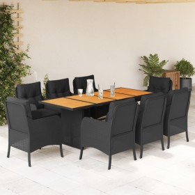 Set da Pranzo da Giardino 9 pz con Cuscini Nero in Polyrattan