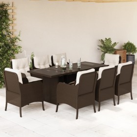 Set da Pranzo da Giardino 9pz con Cuscini Marrone in Polyrattan