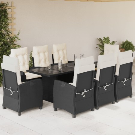 Set da Pranzo da Giardino 9 pz con Cuscini Nero in Polyrattan