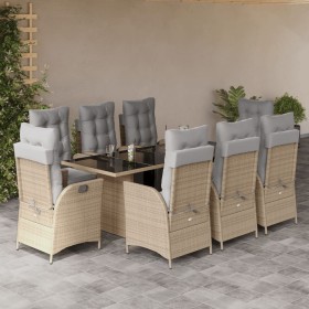 Set Pranzo da Giardino 9 pz con Cuscini Beige Misto Polyrattan