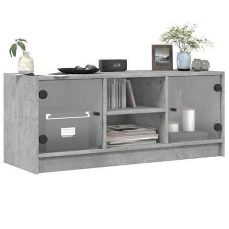 Mobile Porta TV con Ante in Vetro Grigio Cemento 102x37x42 cm