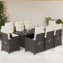 Set da Pranzo da Giardino 9pz con Cuscini Marrone in Polyrattan