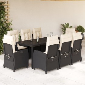 Set da Pranzo da Giardino 9 pz con Cuscini Nero in Polyrattan