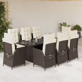 Set da Pranzo da Giardino 9pz con Cuscini Marrone in Polyrattan