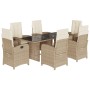 Set da Pranzo da Giardino 7 pz con Cuscini Beige in Polyrattan