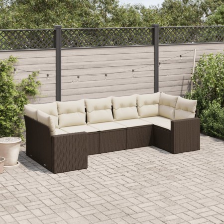 Set Divani da Giardino 7 pz con Cuscini Marrone in Polyrattan