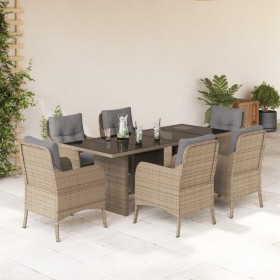 Set da Pranzo da Giardino 7 pz con Cuscini Beige in Polyrattan