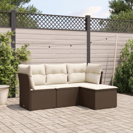 Set Divano da Giardino 4 pz con Cuscini Marrone in Polyrattan