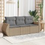 Set Divano da Giardino 3 pz con Cuscini Beige in Polyrattan