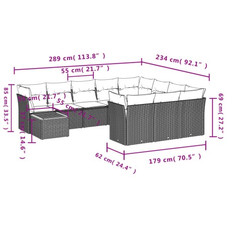 Set Divani da Giardino 11 pz con Cuscini in Polyrattan Nero