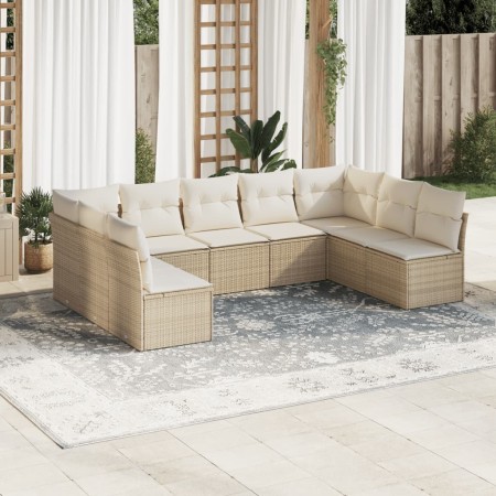 Set Divano da Giardino 9 pz con Cuscini Beige in Polyrattan