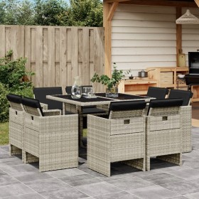 Set Pranzo da Giardino 9pz con Cuscini Grigio Chiaro Polyrattan