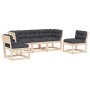 Set Divani Giardino 5 pz con Cuscini in Legno Massello di Pino