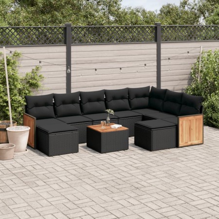 Set Divani da Giardino 10pz con Cuscini in Polyrattan Nero