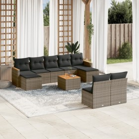 Set Divano da Giardino 10 pz con Cuscini Grigio in Polyrattan