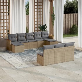 Set Divano da Giardino 10 pz con Cuscini Beige in Polyrattan