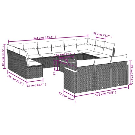 Set Divani da Giardino 14pz con Cuscini in Polyrattan Grigio