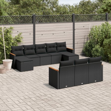 Set Divani da Giardino 10pz con Cuscini in Polyrattan Nero