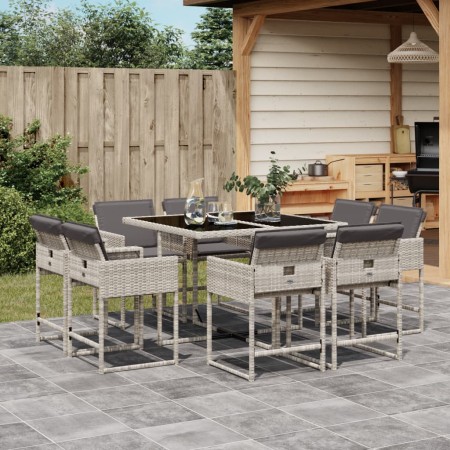 Set Pranzo da Giardino 9pz con Cuscini Grigio Chiaro Polyrattan