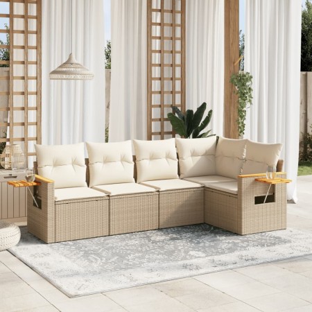 Set Divano da Giardino 5 pz con Cuscini Beige in Polyrattan