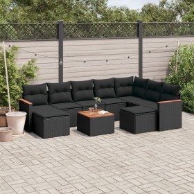 Set Divani da Giardino 10pz con Cuscini in Polyrattan Nero