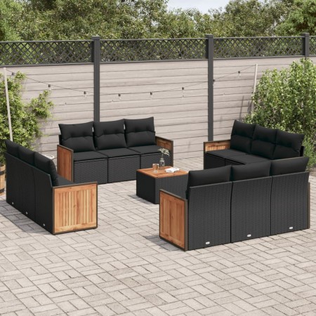 Set Divani da Giardino 13pz con Cuscini Nero in Polyrattan