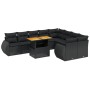 Set Divani da Giardino 10pz con Cuscini in Polyrattan Nero