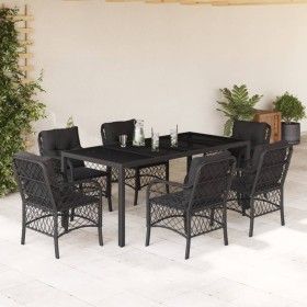 Set da Pranzo da Giardino 7 pz Nero con Cuscini in Polyrattan