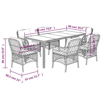 Set da Pranzo da Giardino 7 pz Nero con Cuscini in Polyrattan