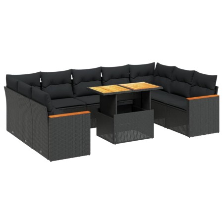 Set Divani da Giardino 10pz con Cuscini in Polyrattan Nero