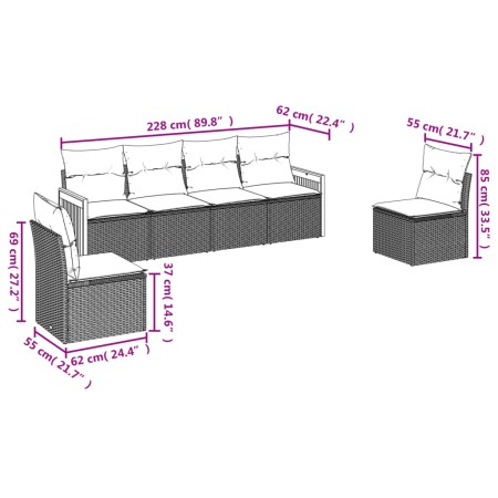 Set Divano da Giardino 6 pz con Cuscini Grigio in Polyrattan