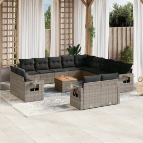 Set Divani da Giardino 14pz con Cuscini in Polyrattan Grigio