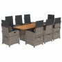 Set da Pranzo da Giardino 9 pz con Cuscini in Polyrattan Grigio