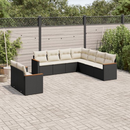 Set Divani da Giardino 9 pz con Cuscini Nero in Polyrattan