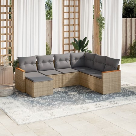 Set Divano da Giardino 7 pz con Cuscini Beige Misto Polyrattan