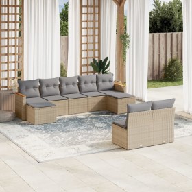 Set Divano da Giardino 9 pz con Cuscini Beige Misto Polyrattan