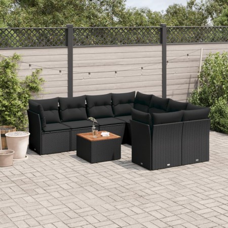 Set Divani da Giardino 9 pz con Cuscini Nero in Polyrattan