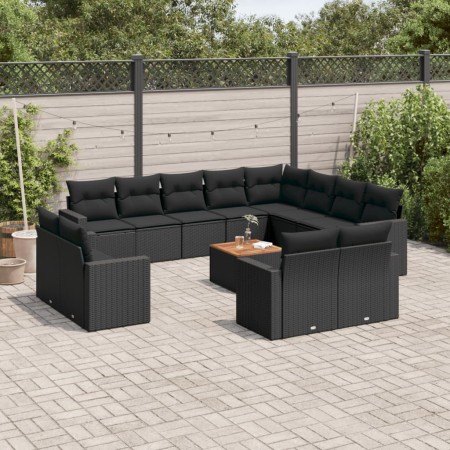 Set Divani da Giardino 13pz con Cuscini Nero in Polyrattan