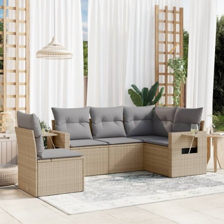 Set Divano da Giardino 5 pz con Cuscini Beige in Polyrattan