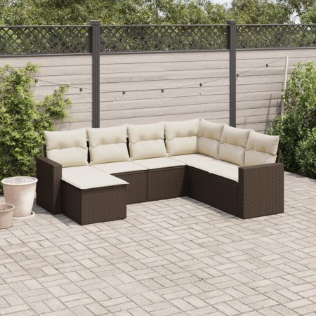 Set Divani da Giardino 7 pz con Cuscini Marrone in Polyrattan