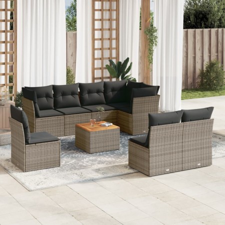 Set Divano da Giardino 9 pz con Cuscini Grigio in Polyrattan