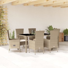 Set da Pranzo da Giardino 7 pz con Cuscini Beige in Polyrattan