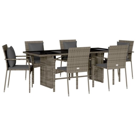 Set da Pranzo da Giardino 7 pz con Cuscini in Polyrattan Grigio