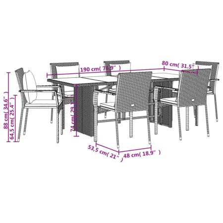 Set da Pranzo da Giardino 7 pz con Cuscini in Polyrattan Grigio