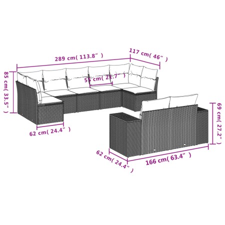 Set Divano da Giardino 9 pz con Cuscini Grigio in Polyrattan