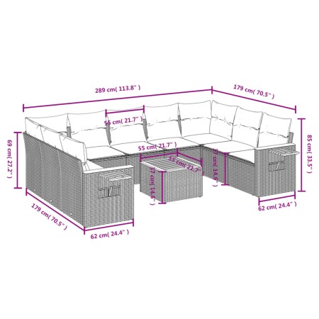 Set Divani da Giardino 10pz con Cuscini in Polyrattan Nero