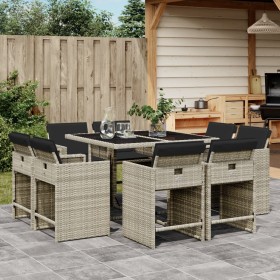 Set Pranzo da Giardino 9pz con Cuscini Grigio Chiaro Polyrattan