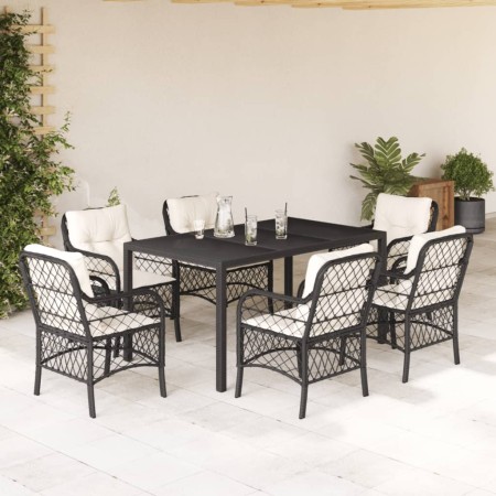 Set da Pranzo da Giardino 7 pz Nero con Cuscini in Polyrattan